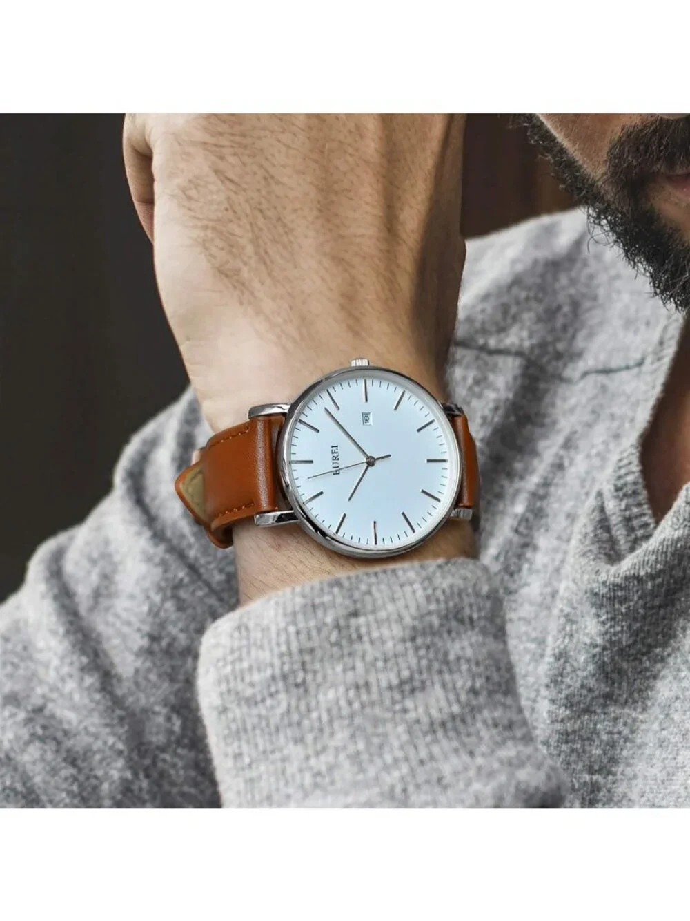 Mens Silver And Brown Band Strap Minimalist Analog Quartz Waterproof Wrist Watch